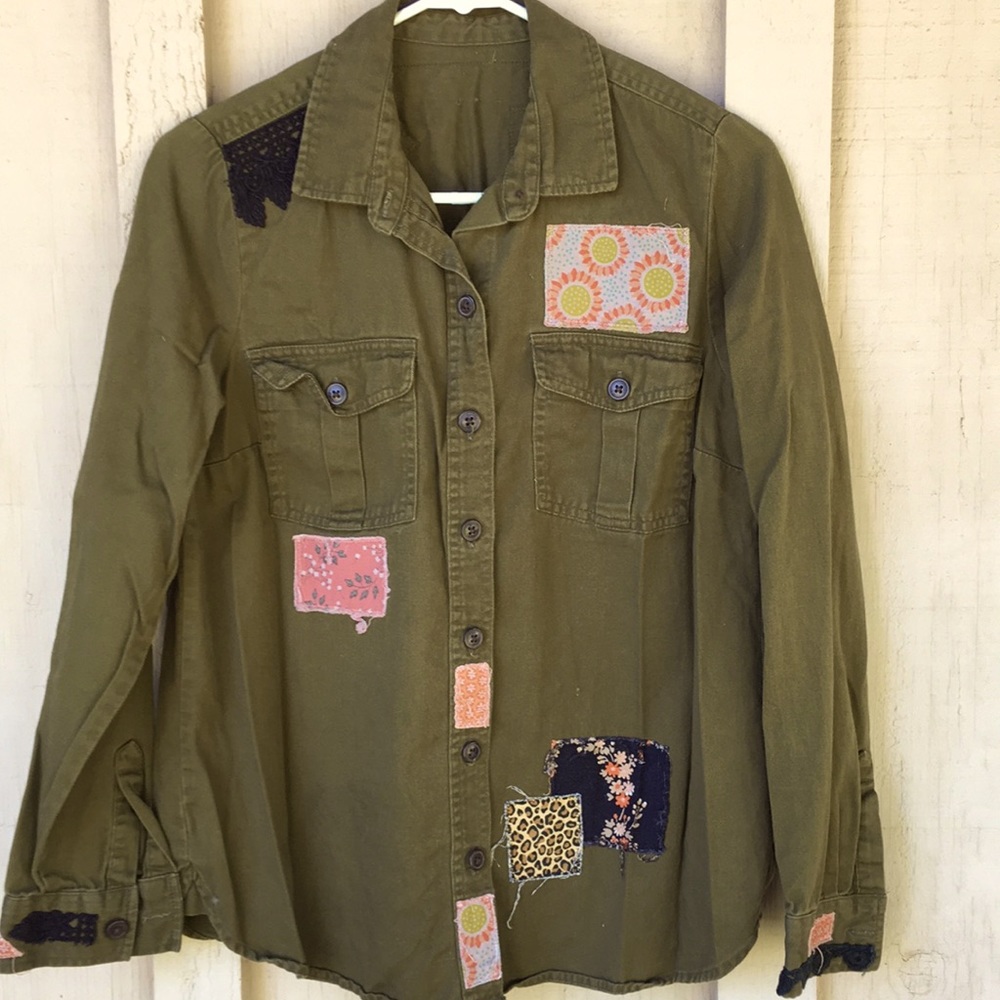Custom patched upcycled boho military army shirt